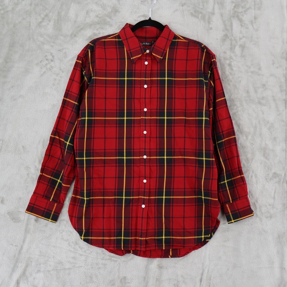 Lauren Ralph Lauren Button Down Shirt Womens Medium Red Plaid Cotton Long Sleeve